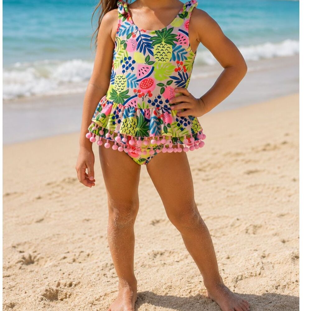 Nicole Miller New York Girls Size 5 Tropical Fruit Ruffle Pom Pom Swimsuit #X